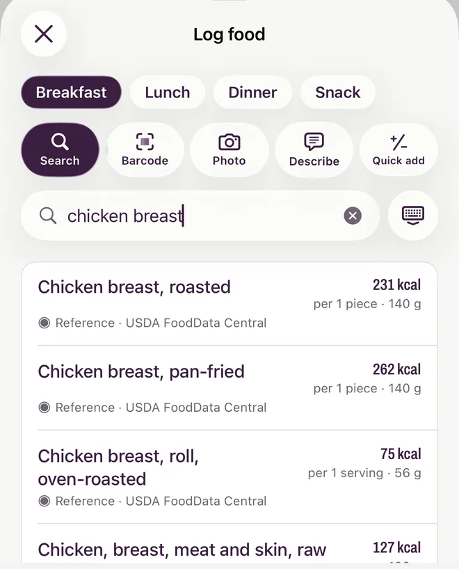 Yumta's search: results for chicken breast, each with its energy per portion and the source USDA FoodData Central.