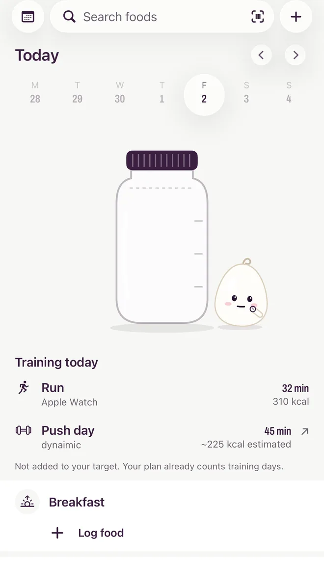 Yumta's Today screen: the jar with Yumta beside it, a Training today section listing a run and a push day, and the breakfast meal ready to log.